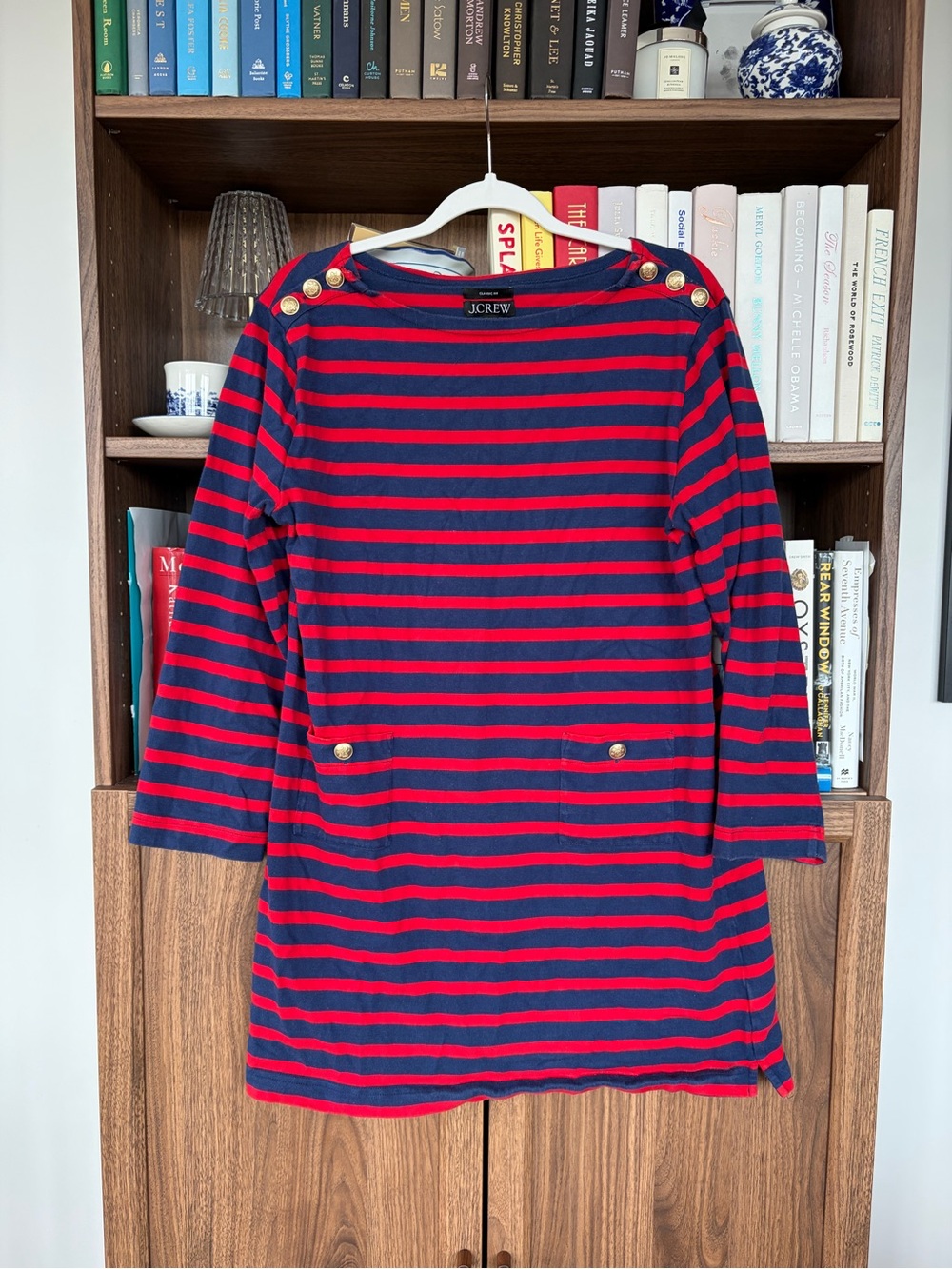 J. Crew Mariner Cloth Shirtdress with Gold Buttons in Red/Navy: Size Large (L)